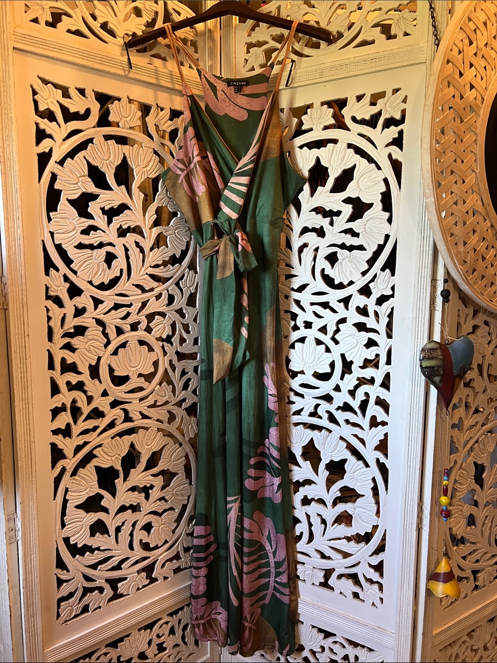 Sleeveless Green Floral Maxi Dress with Pink Print and Tie Waist